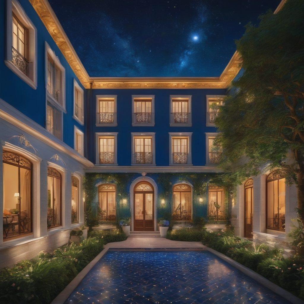 An enchanting nighttime scene of a boutique hotel with a cozy, inviting atmosphere under a starry sky, where each room is modeled after different zodiac signs with celestial-themed decorations. Super-realistic. Vibrant colors.