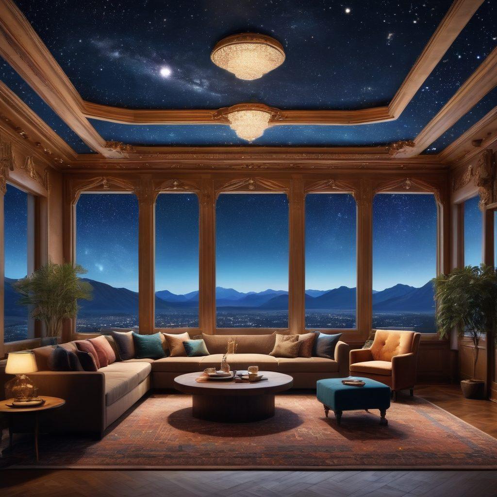 A beautiful, luxurious hotel with ornate detailing, with guests smiling and interacting, surrounded by astrological symbols like stars, moons, and constellations integrated into the design. Imagine lush interiors with celestial lighting and an enchanting night sky visible through large windows. super-realistic. vibrant colors. 3D.
