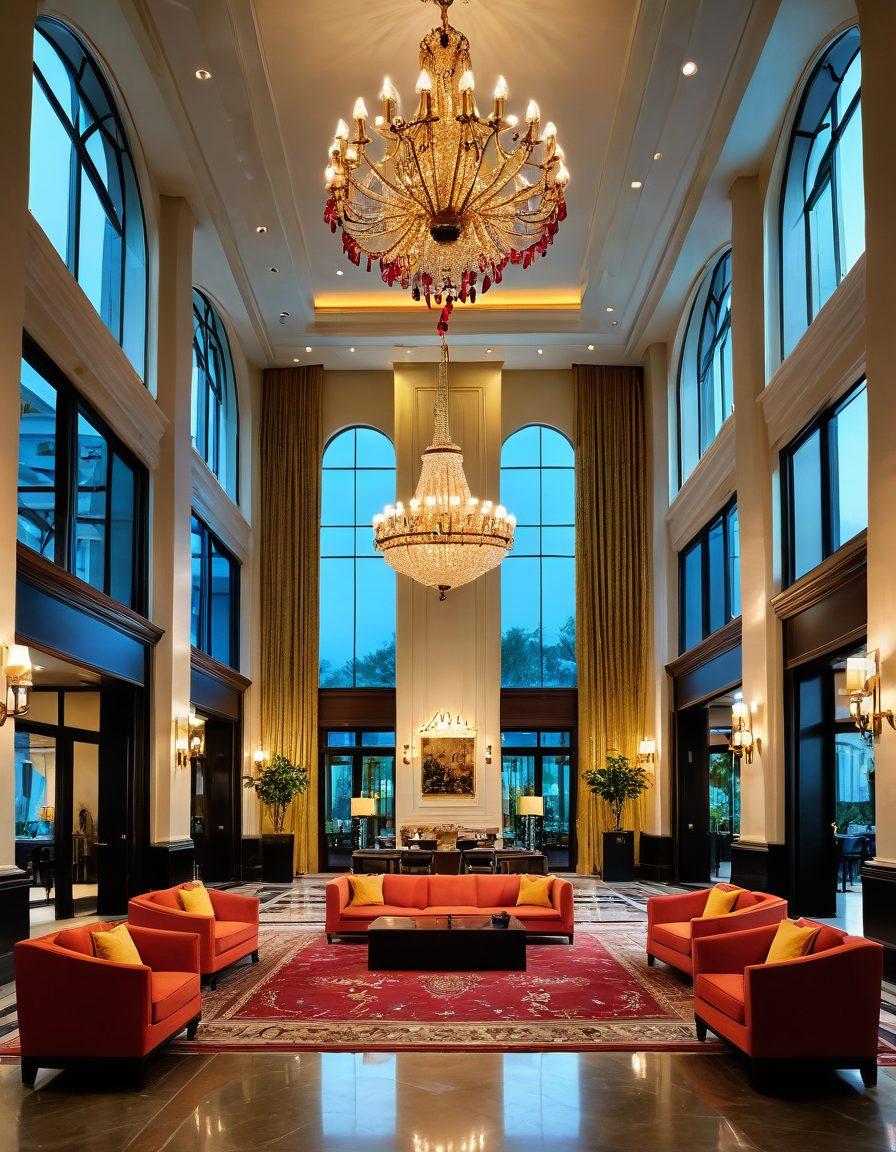 A luxurious hotel lobby with a grand chandelier, plush seating, and smiling staff welcoming guests. A family with suitcases checking in at the reception, emanating warmth and happiness. Scenic views of exotic destinations through large windows. The atmosphere should feel inviting and whimsical. Super-realistic. Vibrant colors. White background.